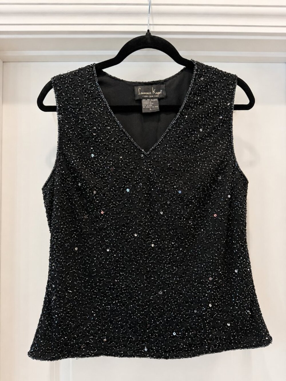 Laurence Kazar Black Beaded Sequin V-Neck Sleeveless Top Size XL